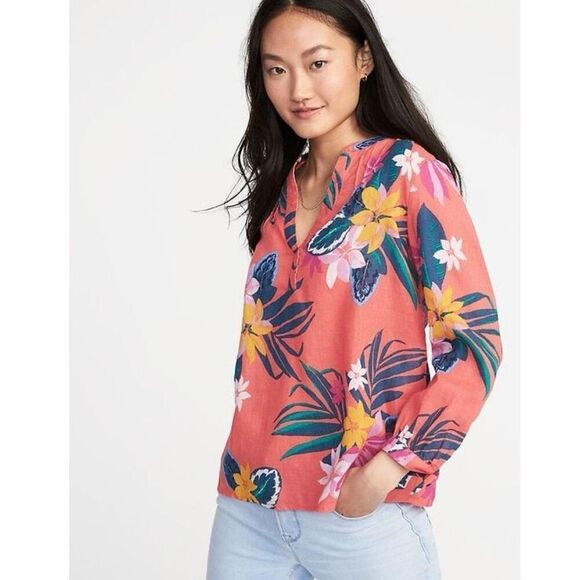 Old Navy Women Relaxed Tie-Cuff Linen-Blend Floral Tropical Top‎ Blouse XL Coral - Picture 1 of 11